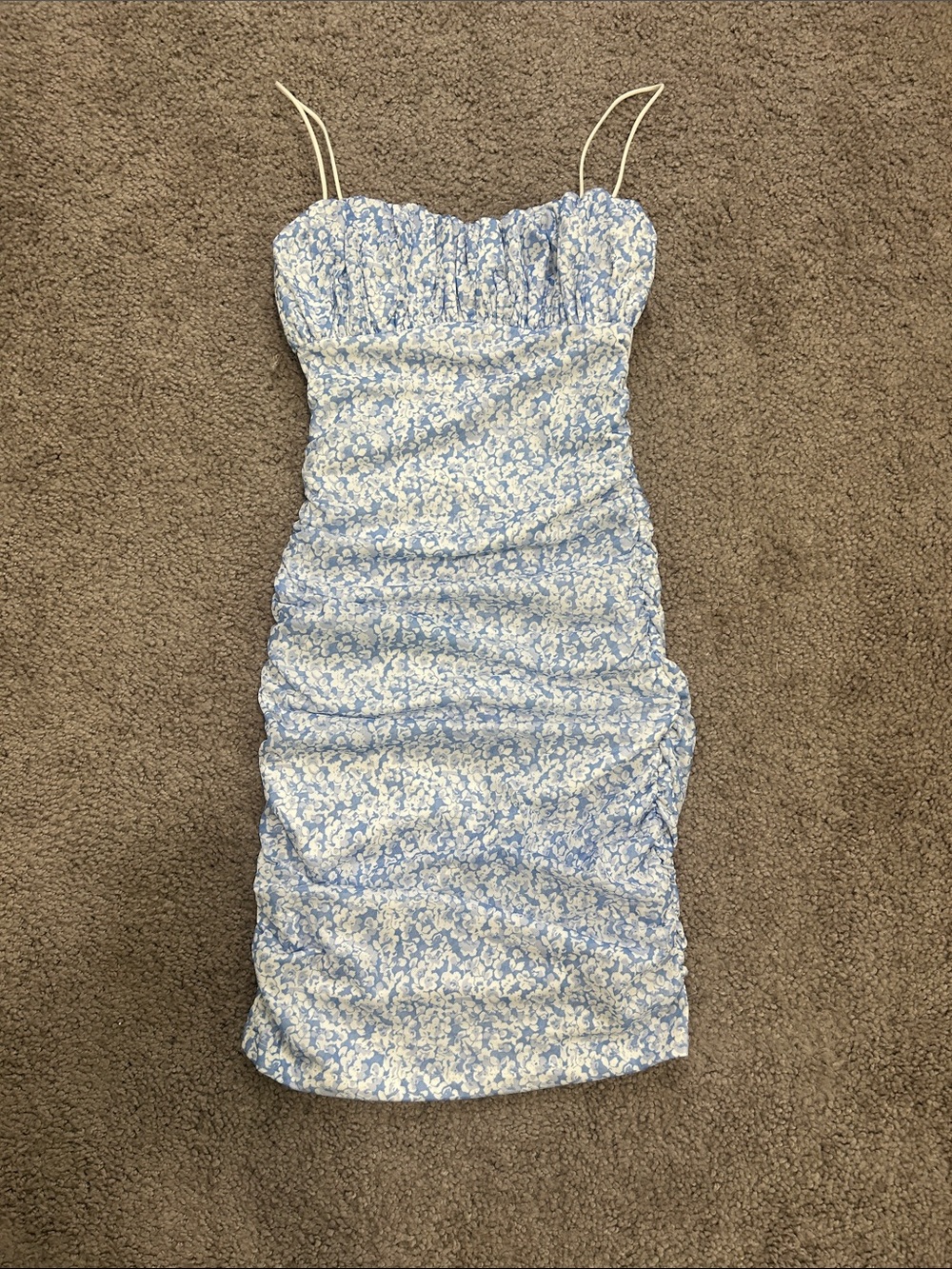 Princess Polly Light Blue and White Floral Ruched Spaghetti-Strap Mini Dress